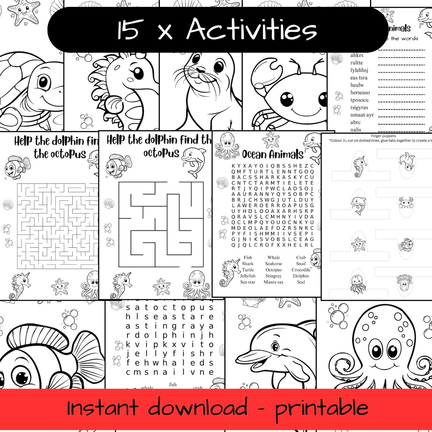 Printable Ocean Animals bundle - 15 activities