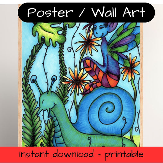 Printable kids wall art - pixie riding a snail