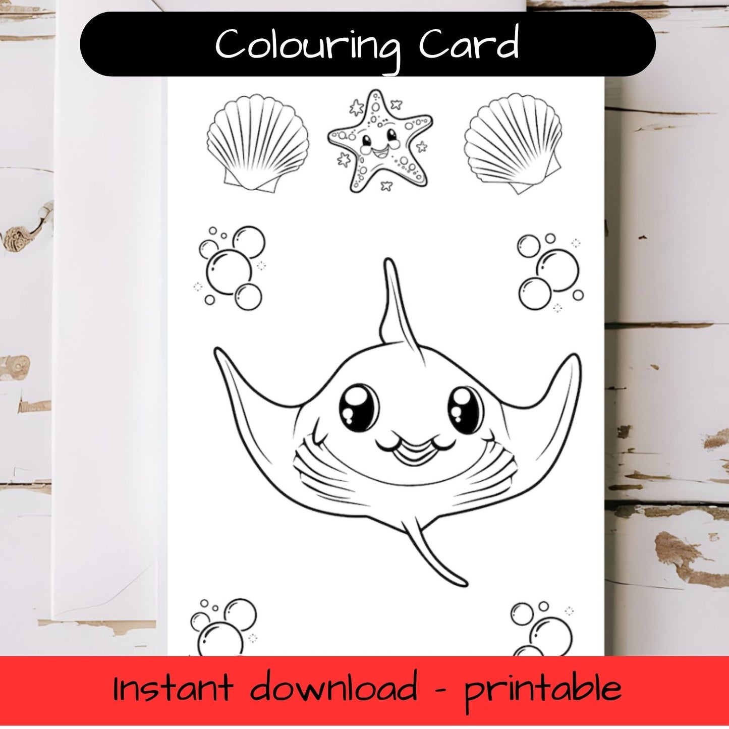 Manta Ray greeting card with envelope - printable