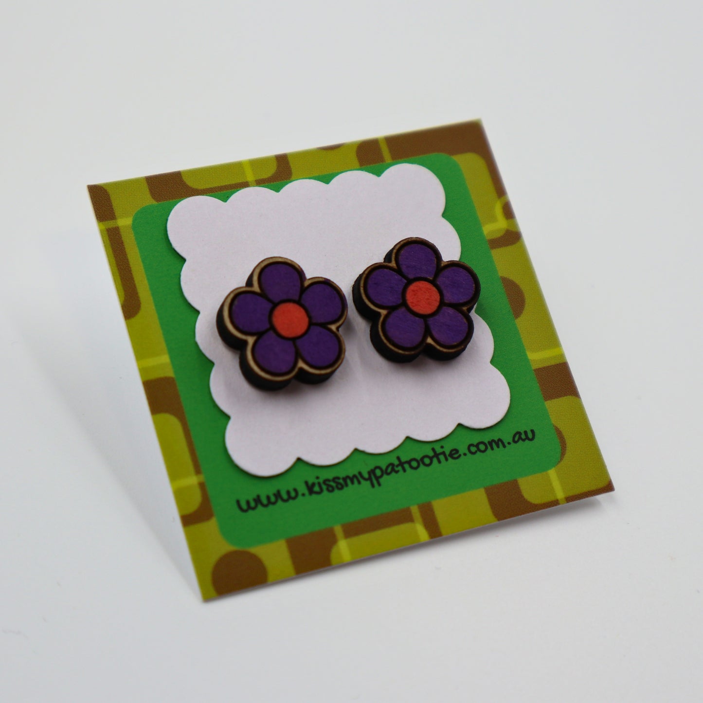 Purple flower wood earrings - hand painted