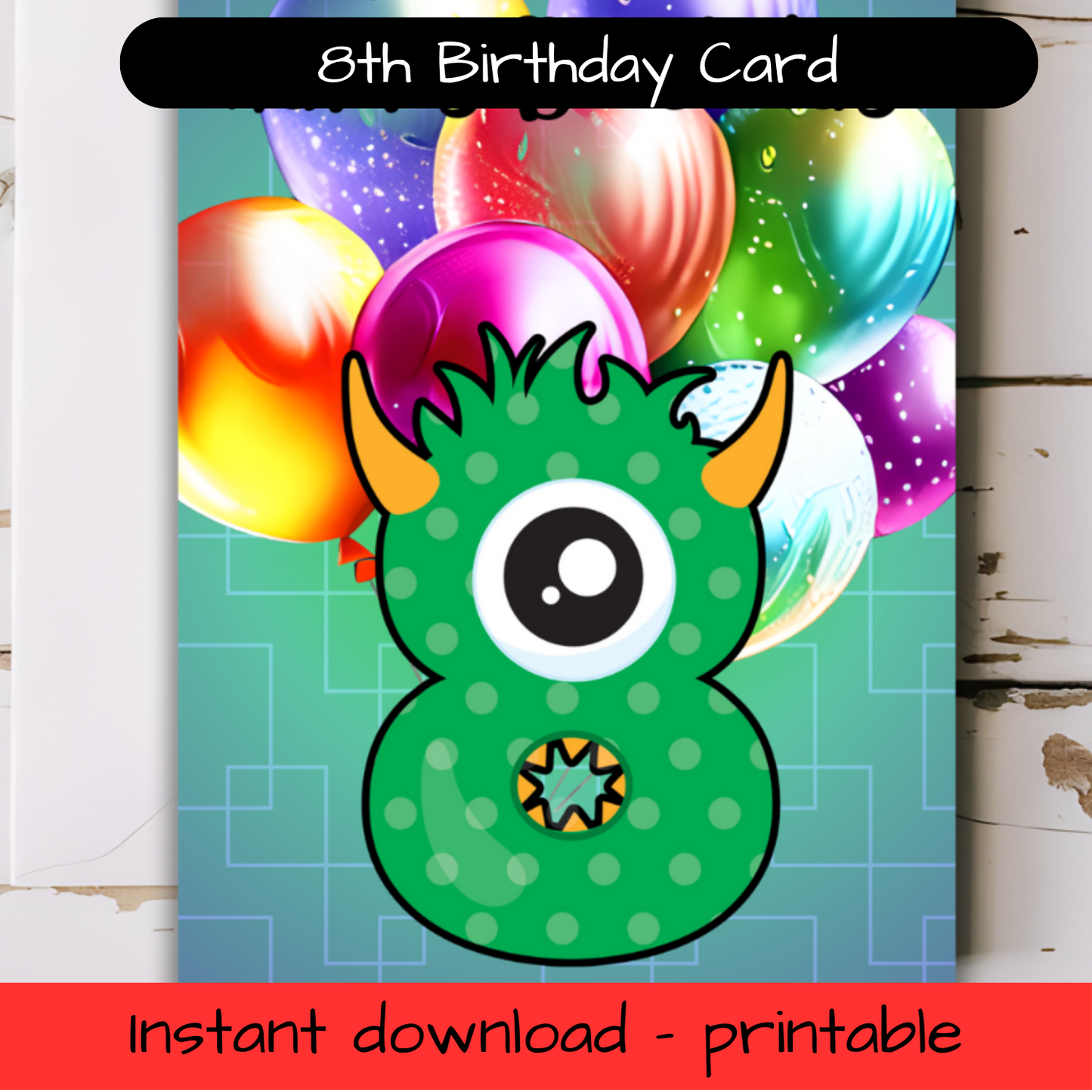 Birthday Greeting card with envelope - 8 years old - printable