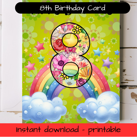 Birthday Greeting card with envelope - 8 years old - printable