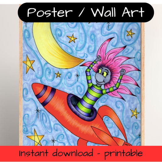 Printable kids wall art - pixie in a space ship