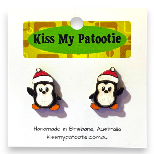 Wooden Christmas stud earrings - Penguin