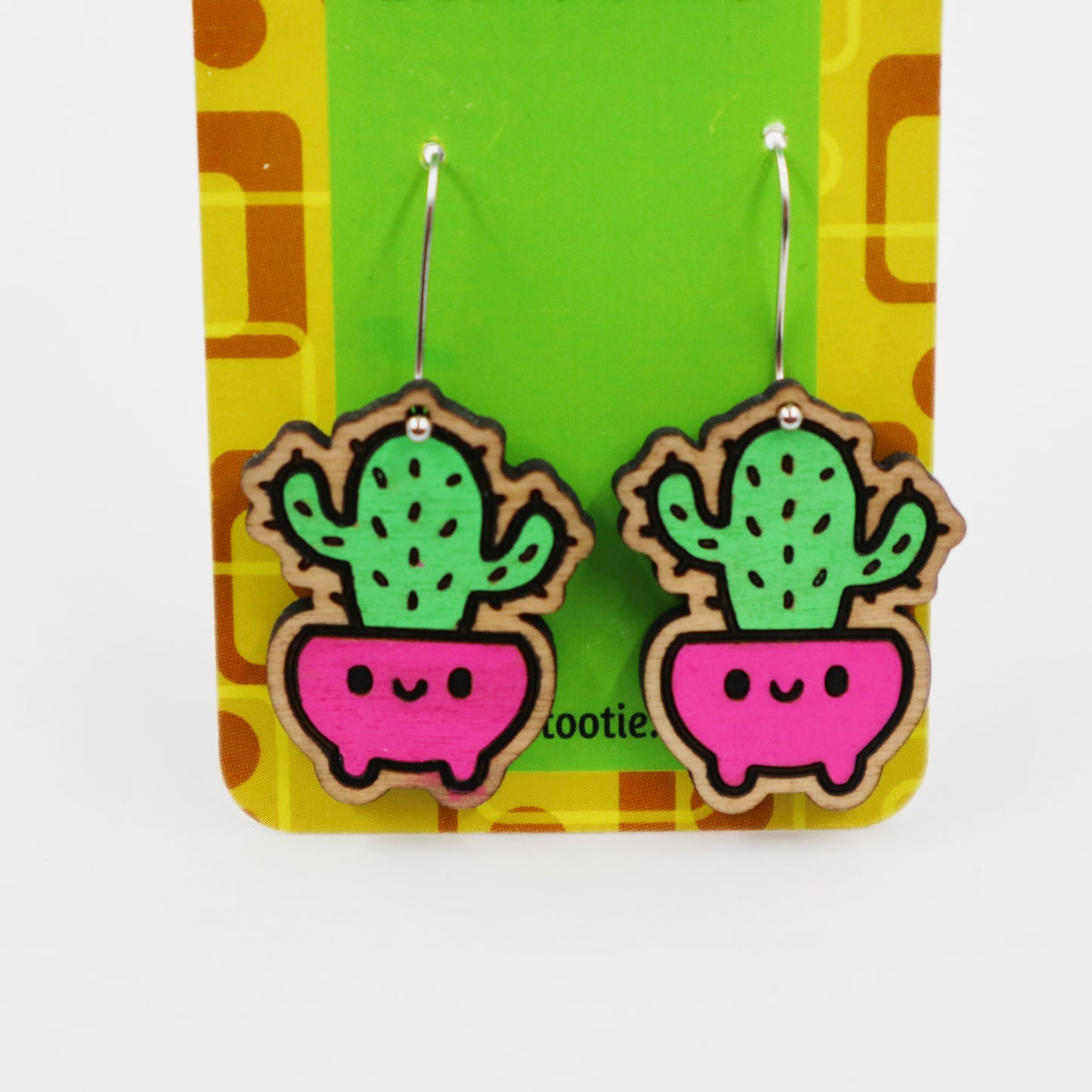 Wooden pot plant earrings - cactus