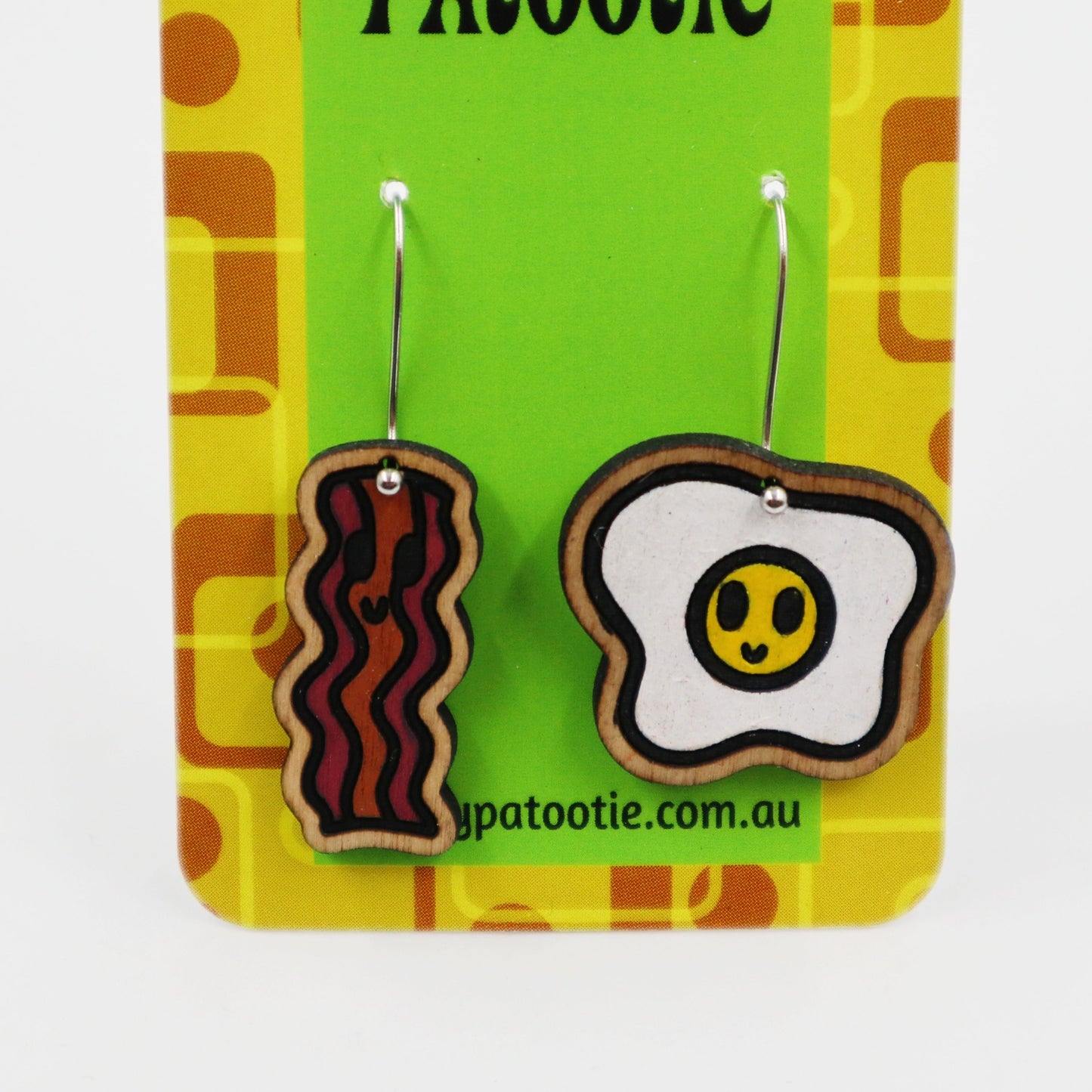 Wooden bacon and egg earrings