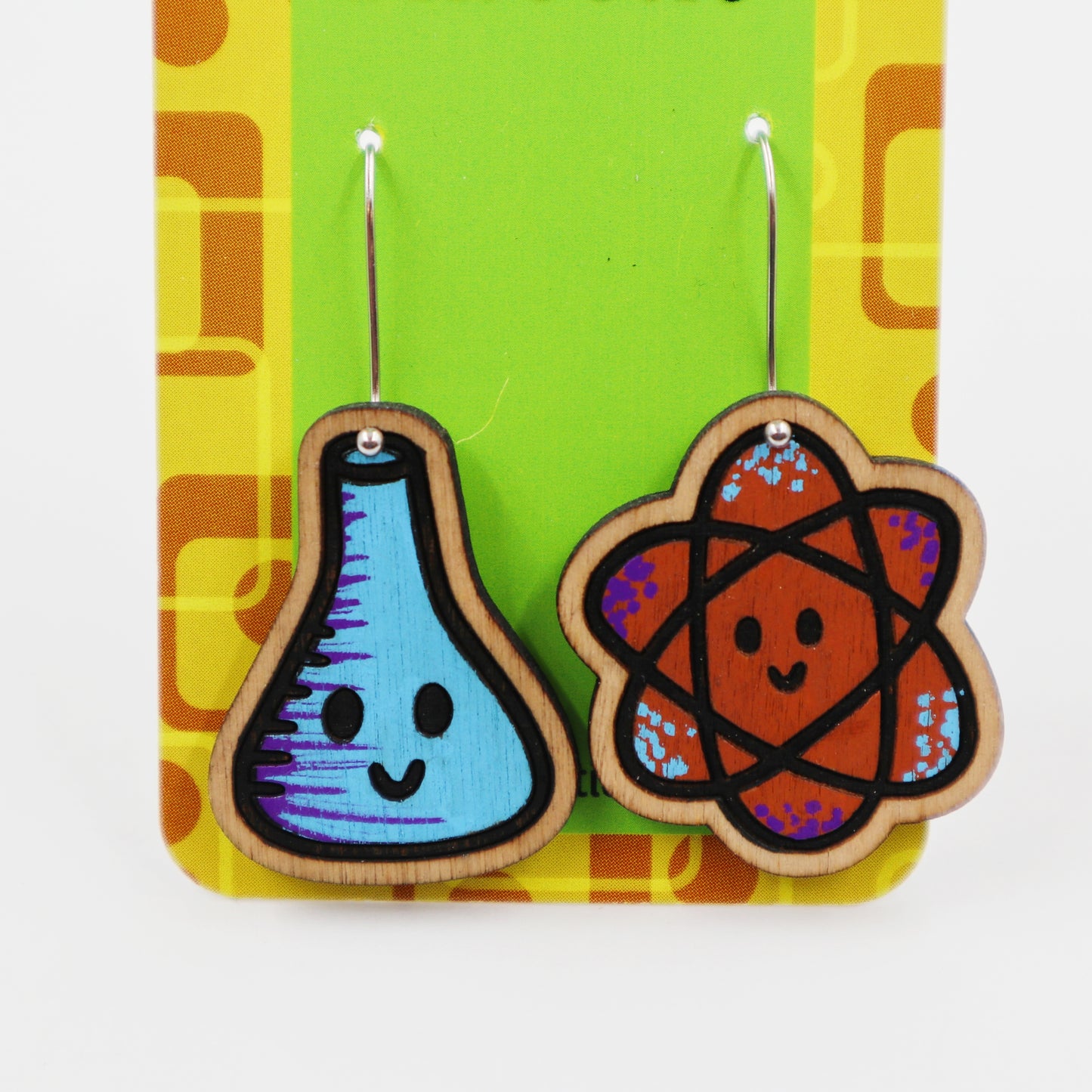 Wooden science earrings - atom and beaker