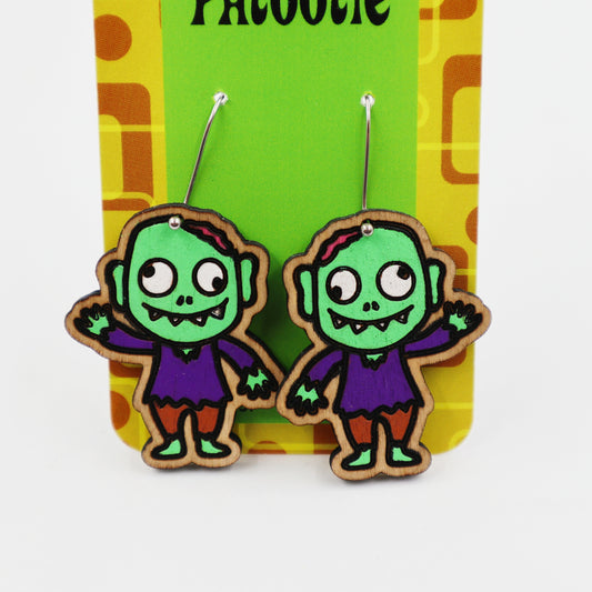 Wooden zombie Halloween earrings