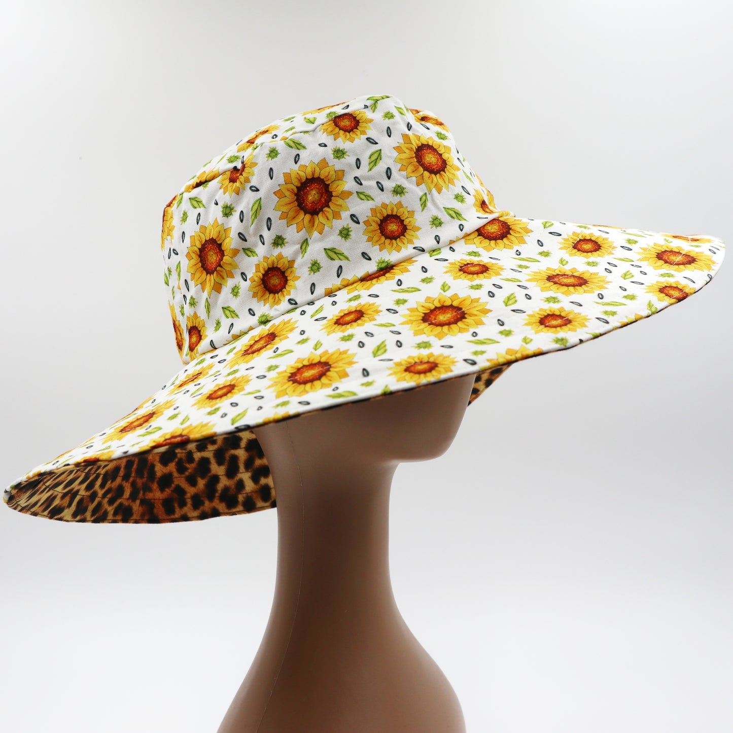 Wide Brim Reversible Sun Hat - leopard print, sunflower