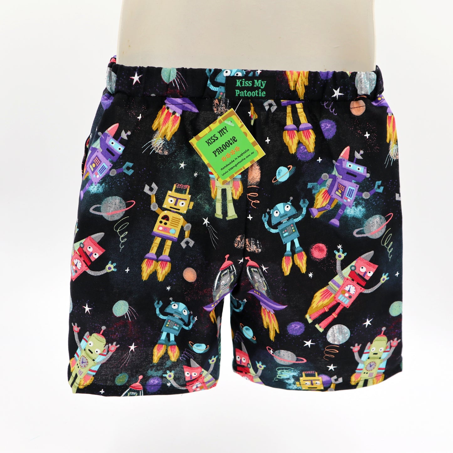 Kids shorts with pockets - sizes 000 to 6 - space robots