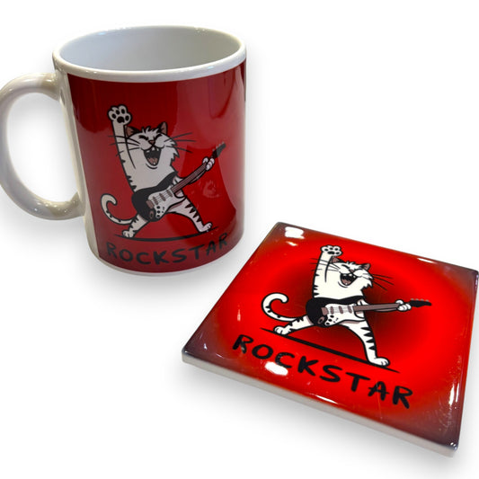 Printed Ceramic Mug & Drink Coaster - men's gift set - Rockstar cat