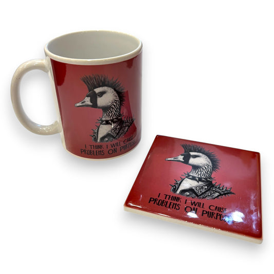 Printed Ceramic Mug & Drink Coaster - men's gift set - Rockstar duck