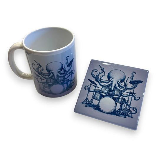 Printed Ceramic Mug & Drink Coaster - men's gift set - Octopus drummer