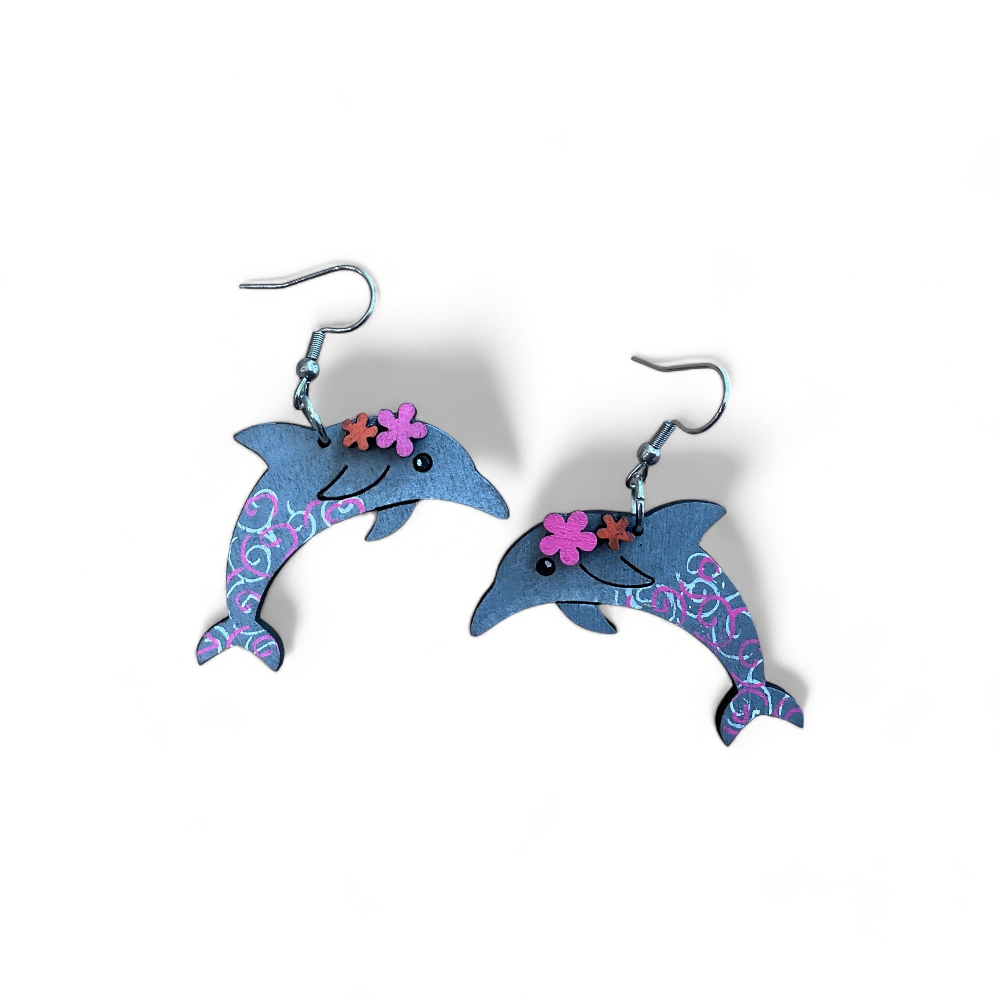 Australian animal earrings Dolphin wooden hand painted