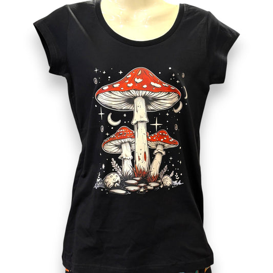 Ladies printed t-shirt - retro mushrooms