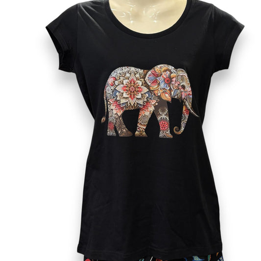 Ladies printed t-shirt - elephant - floral mandala