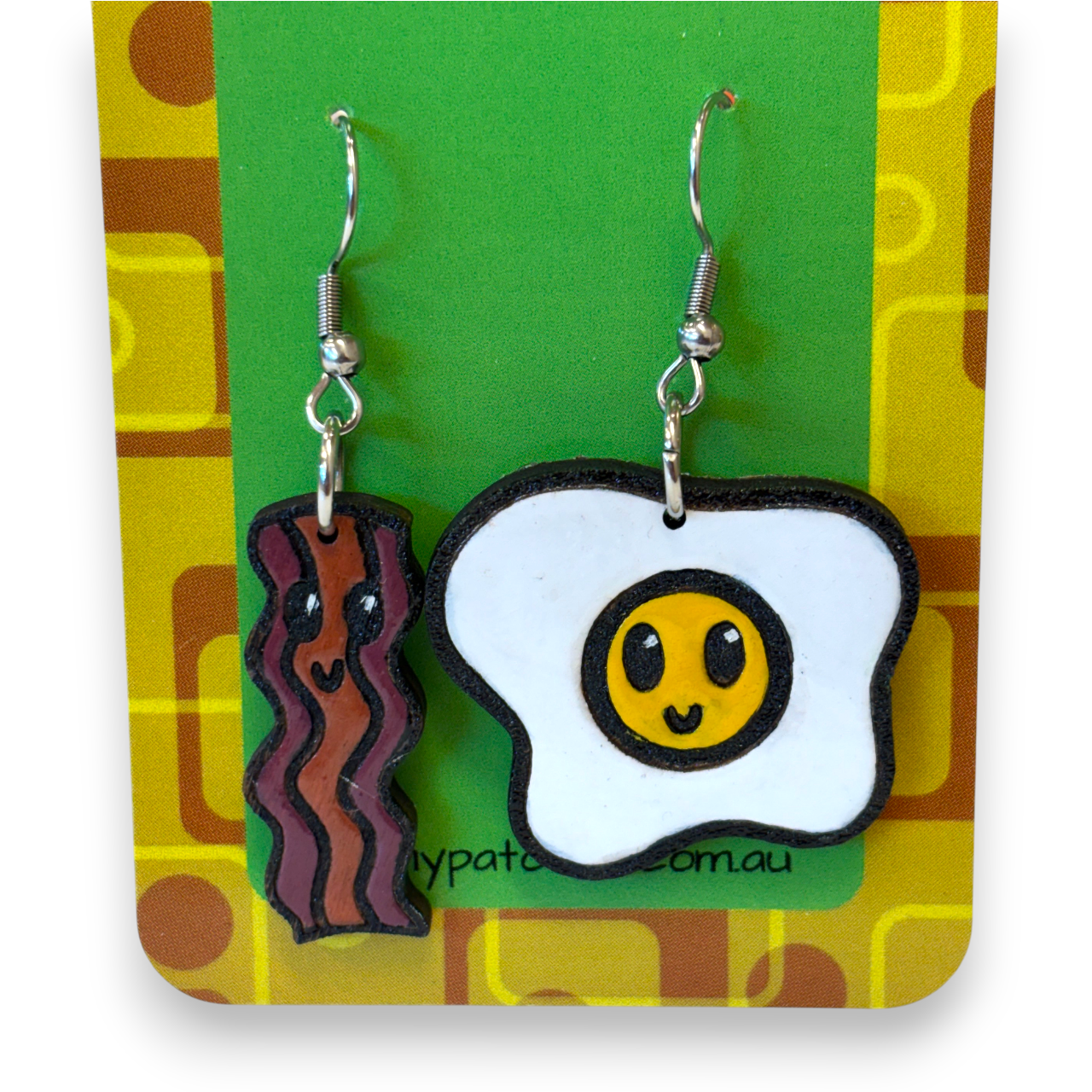 Wooden bacon and egg earrings