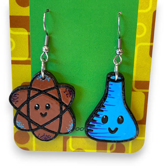 Wooden science earrings - atom and beaker