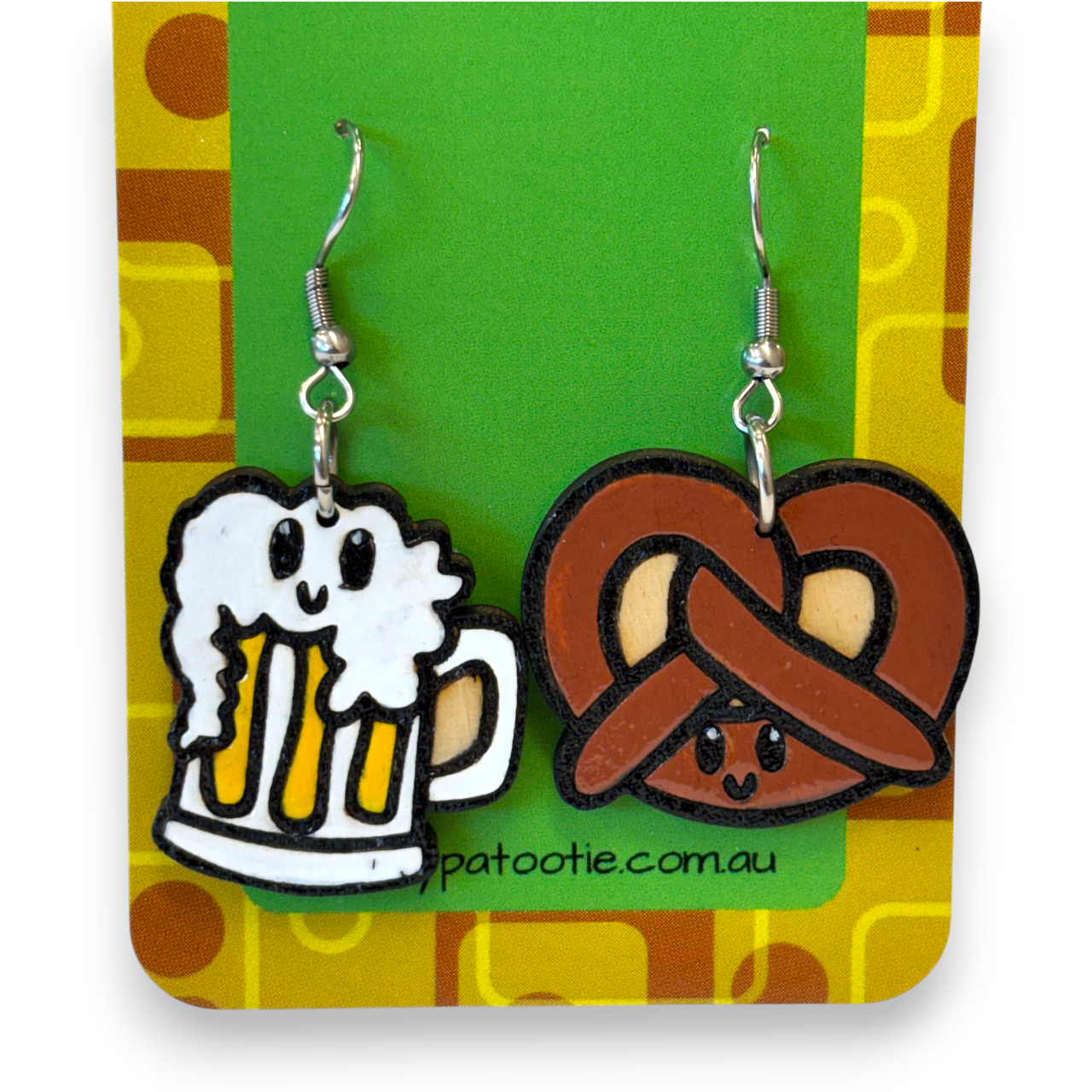 Wooden beer and pretzel earrings
