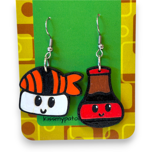 Wooden sushi and soy sauce earrings