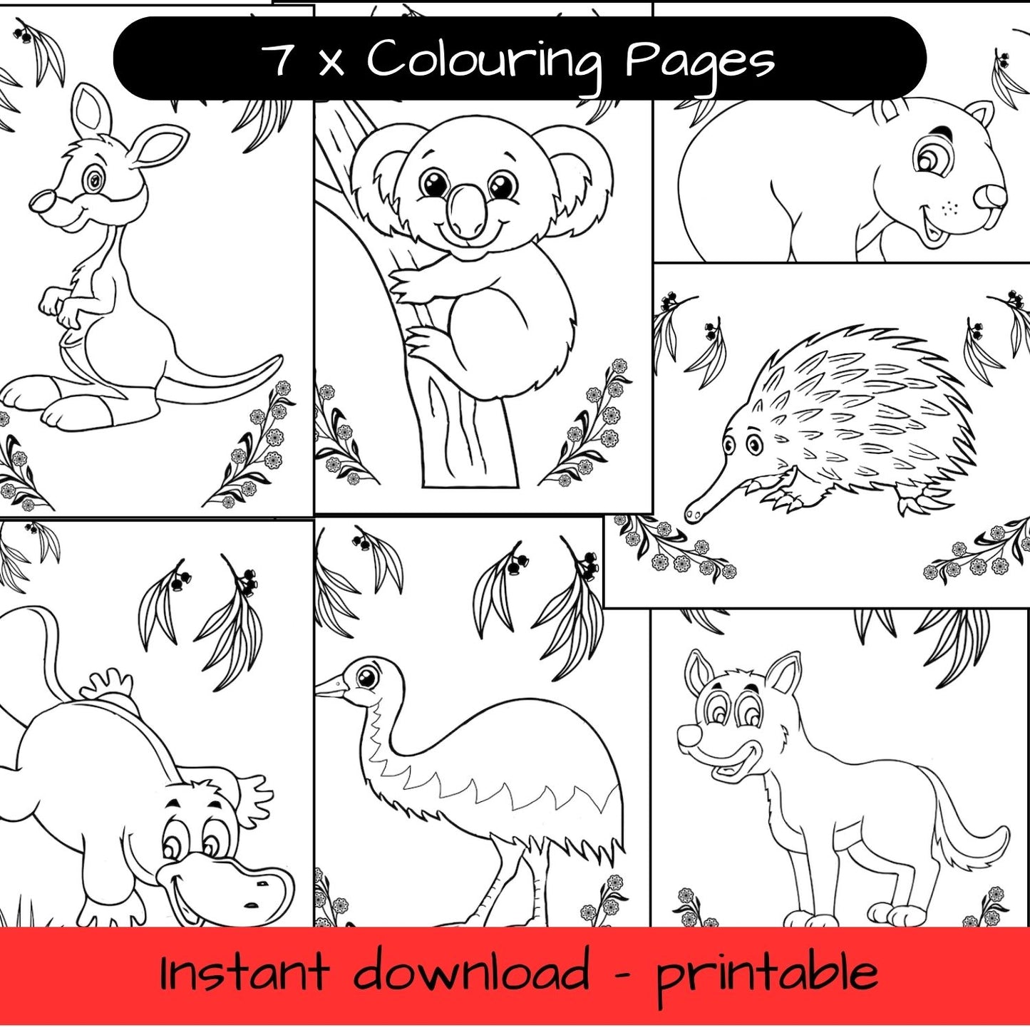 Printable colouring in pages x7 - Australian animals