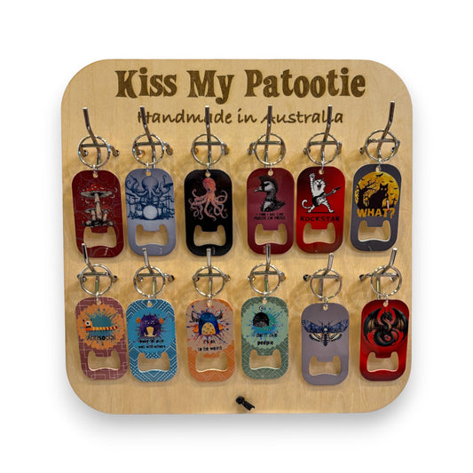 Bottle opener / keyring wholesale starter pack - 48 x keyrings & free display board