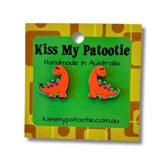 Orange dinosaur studs - wooden, hand painted earrings
