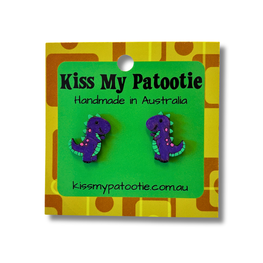 Purple dinosaur studs - wooden, hand painted earrings