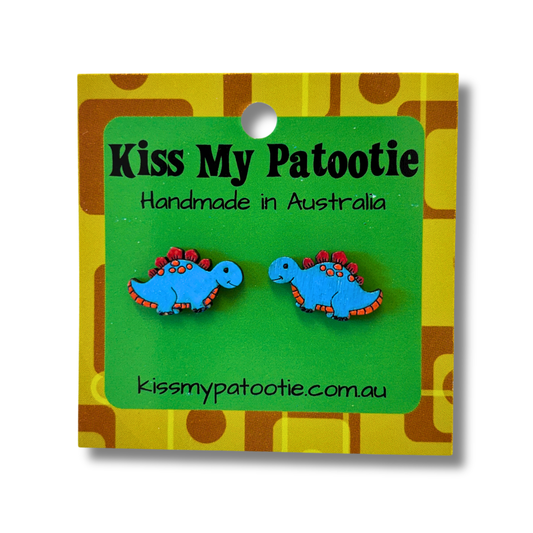 Blue dinosaur studs - wooden, hand painted earrings
