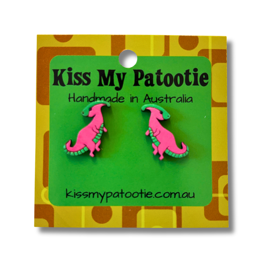 Pink dinosaur studs - wooden, hand painted earrings