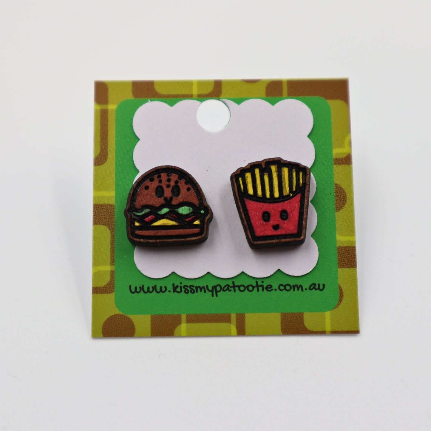 Burger and fries wooden earrings - hand painted