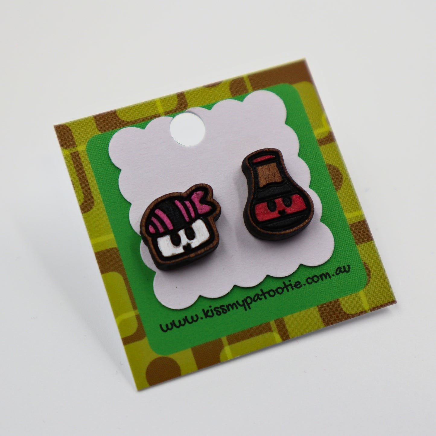Sushi and soy sauce wooden earrings - hand painted