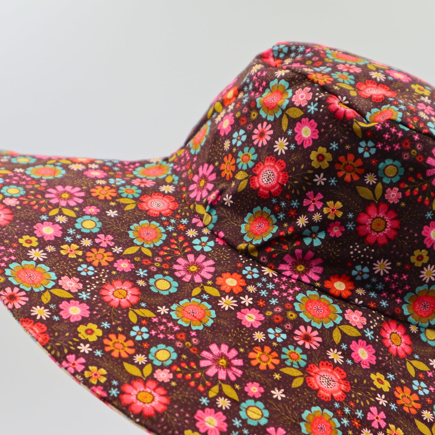 Wide Brim Reversible Sun Hat, Ladies / Girls sizes avail - brown floral