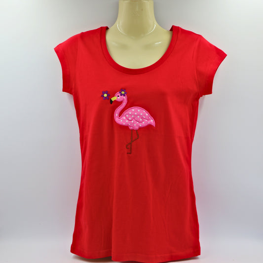 Ladies Embroidered T shirt - sizes 8 to 18 - retro flamingo