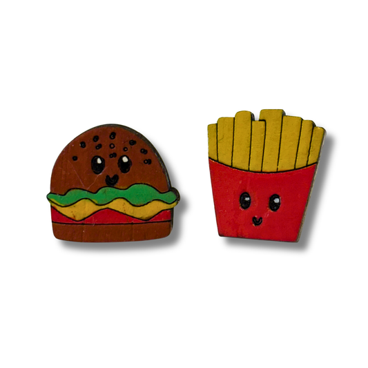 Burger and fries wooden earrings - hand painted