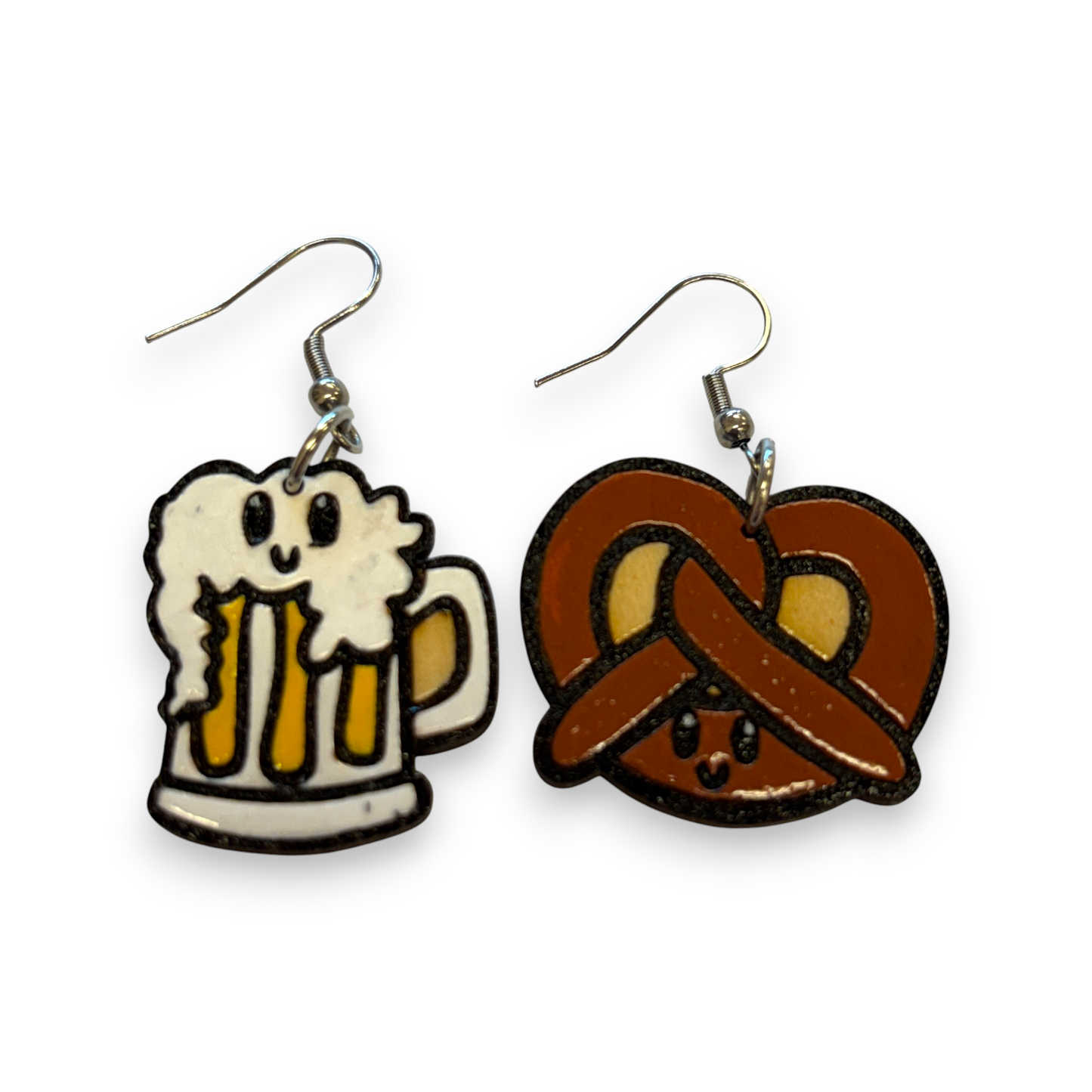 Wooden beer and pretzel earrings