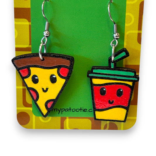 Wooden pizza and drink earrings
