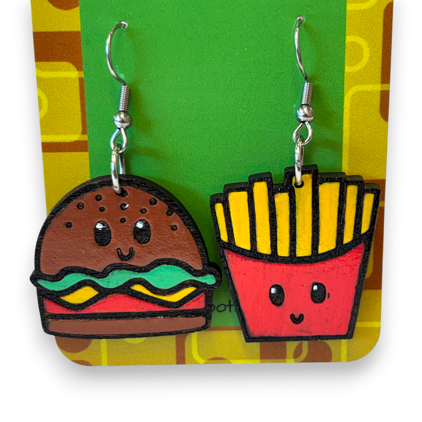 Wooden burger and fries earrings