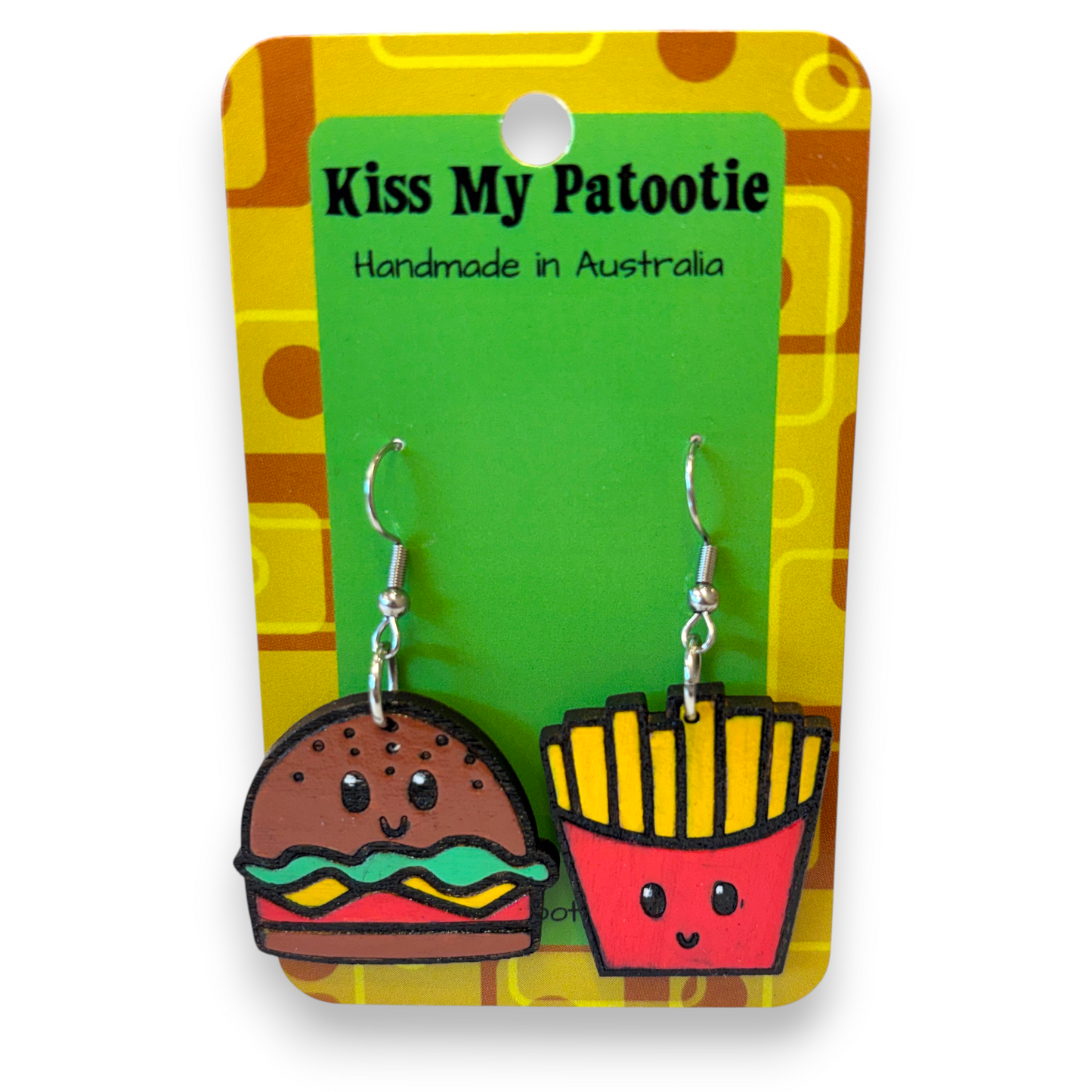 Wooden burger and fries earrings