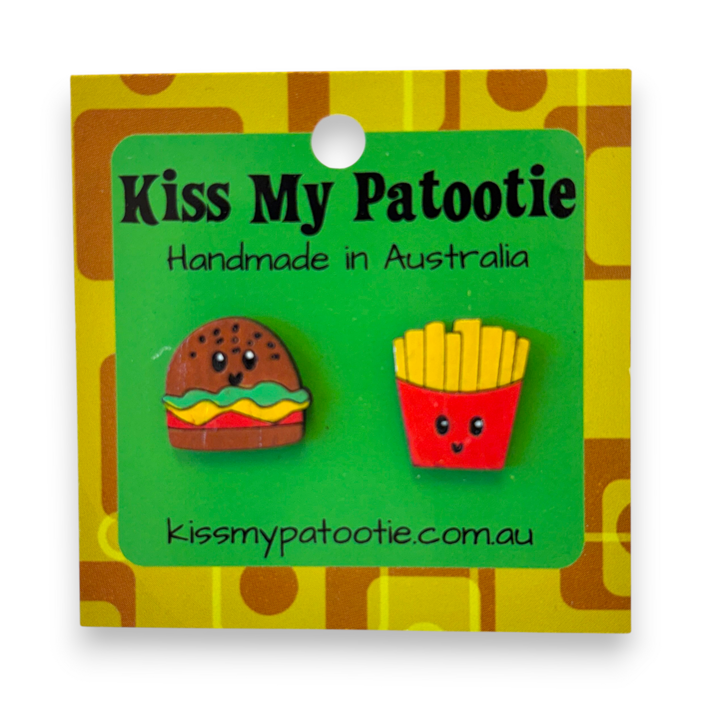 Burger and fries wooden earrings - hand painted