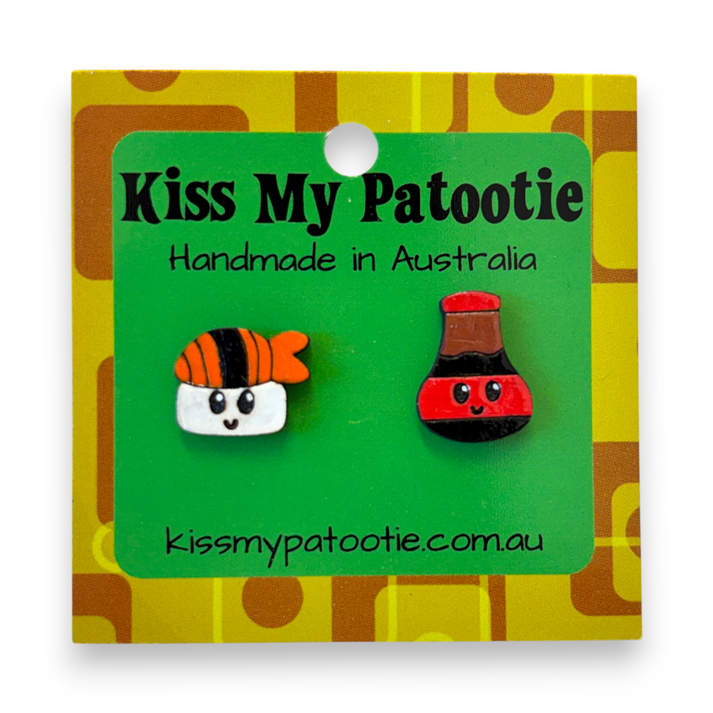 Sushi and soy sauce wooden earrings - hand painted