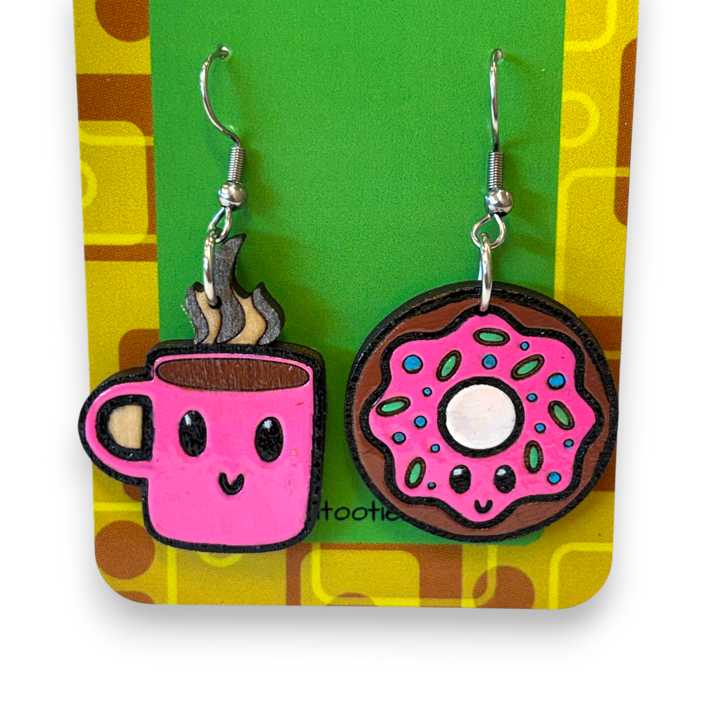 Wooden coffee and donut earrings