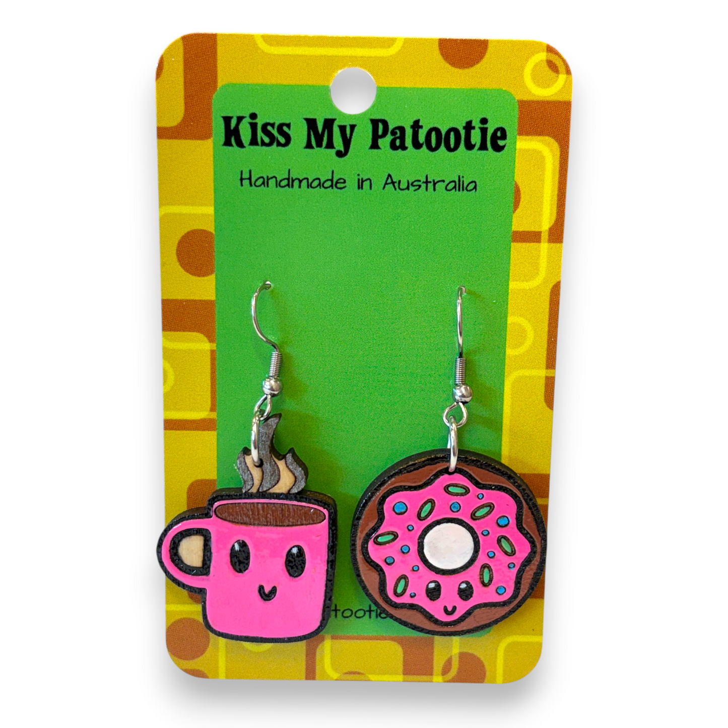 Wooden coffee and donut earrings