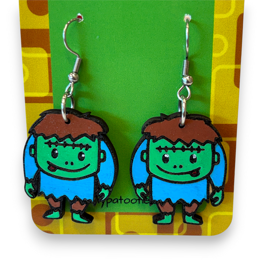 Wooden Frankenstein Halloween earrings