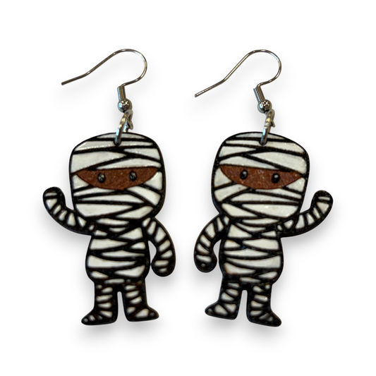 Wooden mummy Halloween earrings