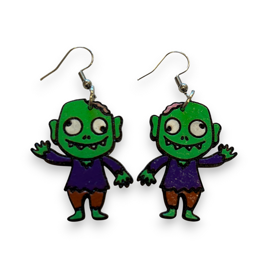 Wooden zombie Halloween earrings