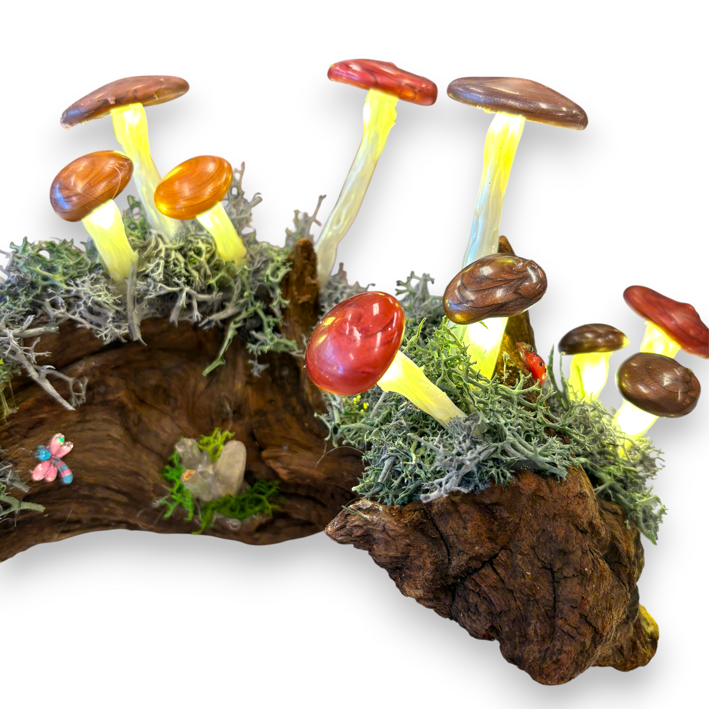 Mushroom lamp / night light - fairy garden on natural driftwood