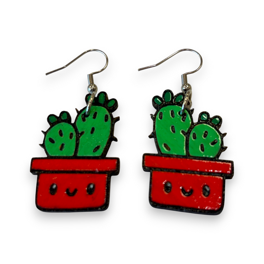 Wooden pot plant earrings - cactus