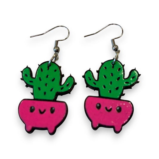 Wooden pot plant earrings - cactus