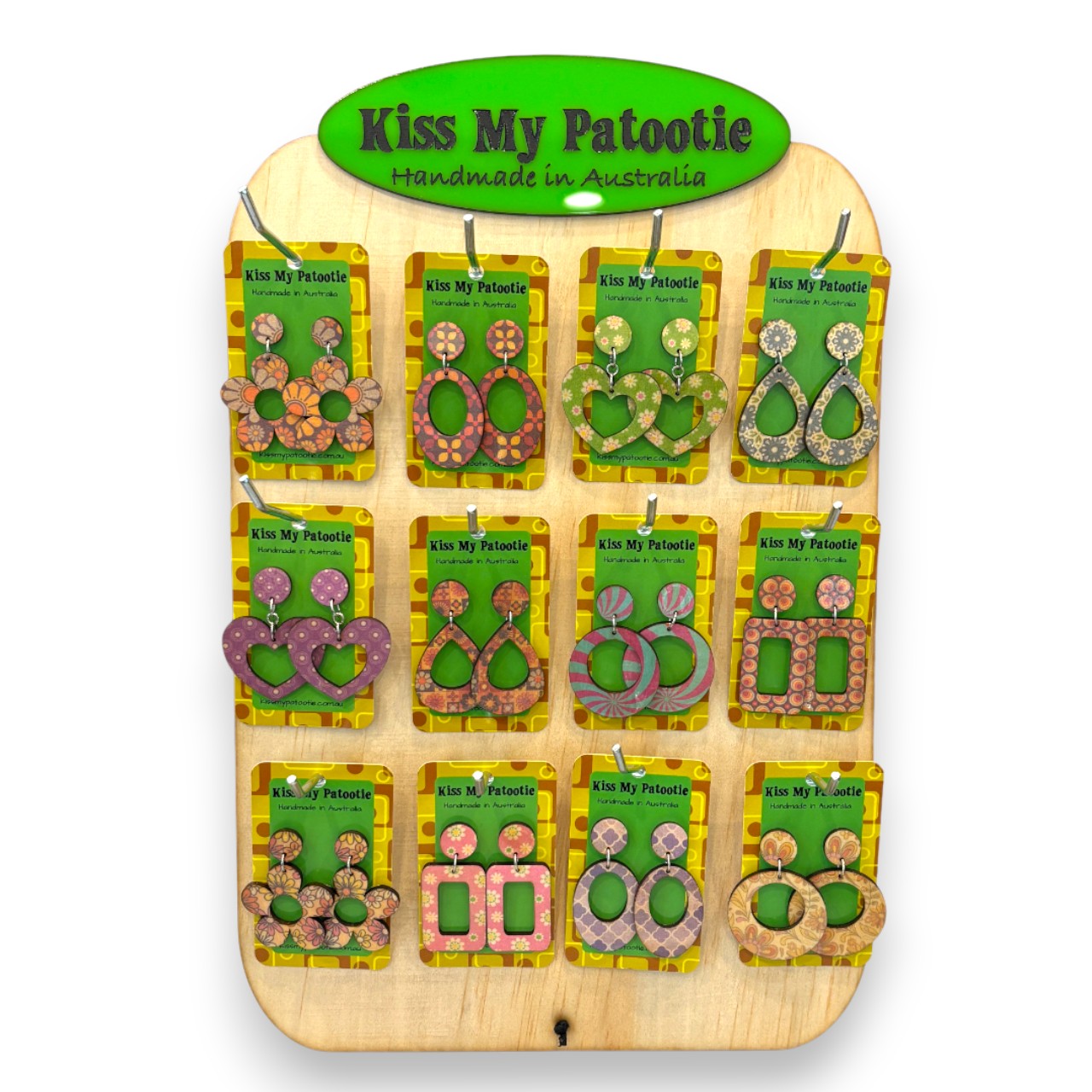 Retro wooden earrings wholesale starter pack - 24 x earrings & Free display stand